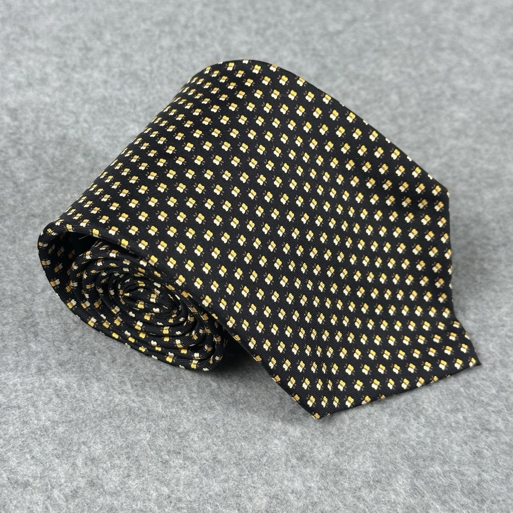 Vintage Salvatore Ferragamo Italy Silk Tie Black Gold Geometric Necktie 59x3.6"